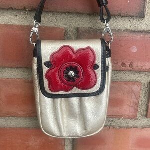 Brighton Gold metallic Patton red flower mini Crossbody wallet phone holder